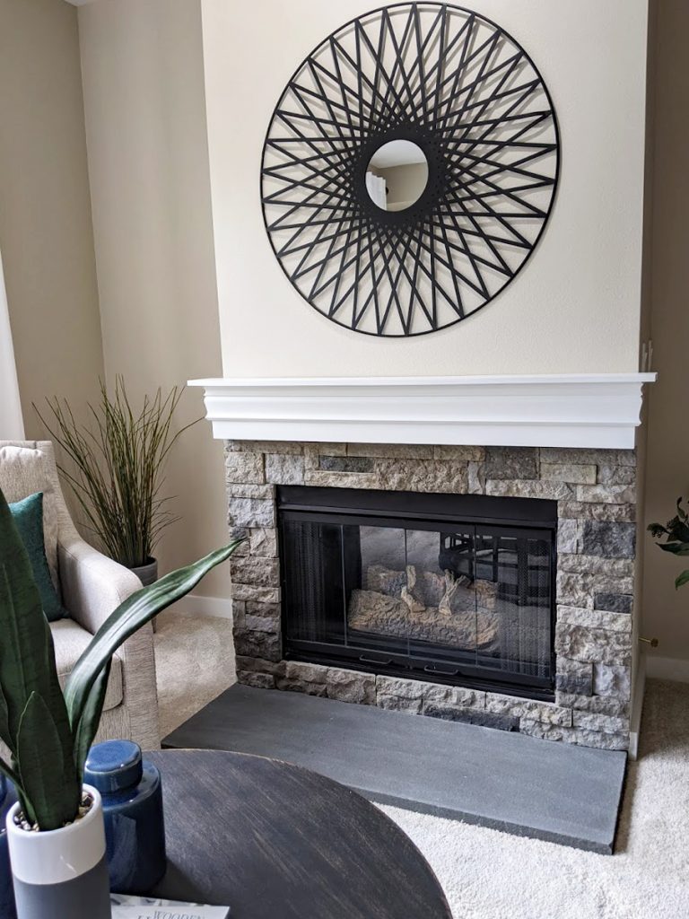 airstone, fireplace remodel, fireplace before after, how to tile your fireplace with airstone, diy fireplace update, how to update fireplace, beginner diy